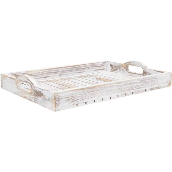 Wooden Serving Tray Breakfast Tray Coffee Table Tray Ottoman Tray Whitewashed - Picture 5 of 8